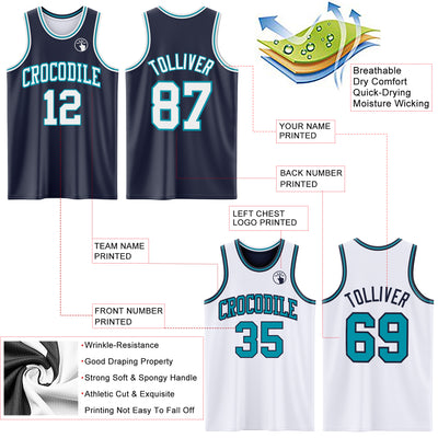 Custom Navy White-Teal Reversible Double Side Sublimation Basketball Suit Jersey