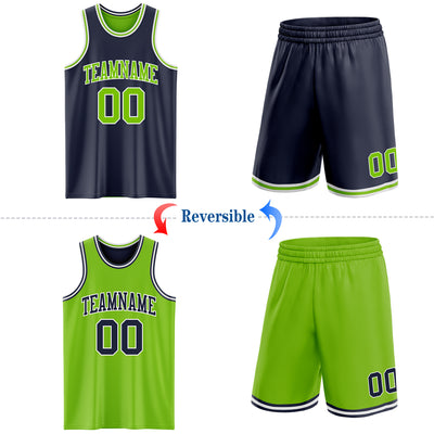 Custom Navy Neon Green-White Reversible Double Side Sublimation Basketball Suit Jersey