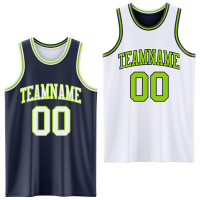Custom Navy White-Neon Green Reversible Double Side Sublimation Basketball Suit Jersey