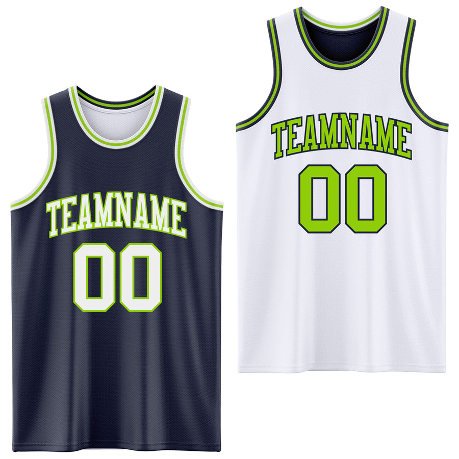 Custom Navy White-Neon Green Reversible Double Side Sublimation Basketball Suit Jersey