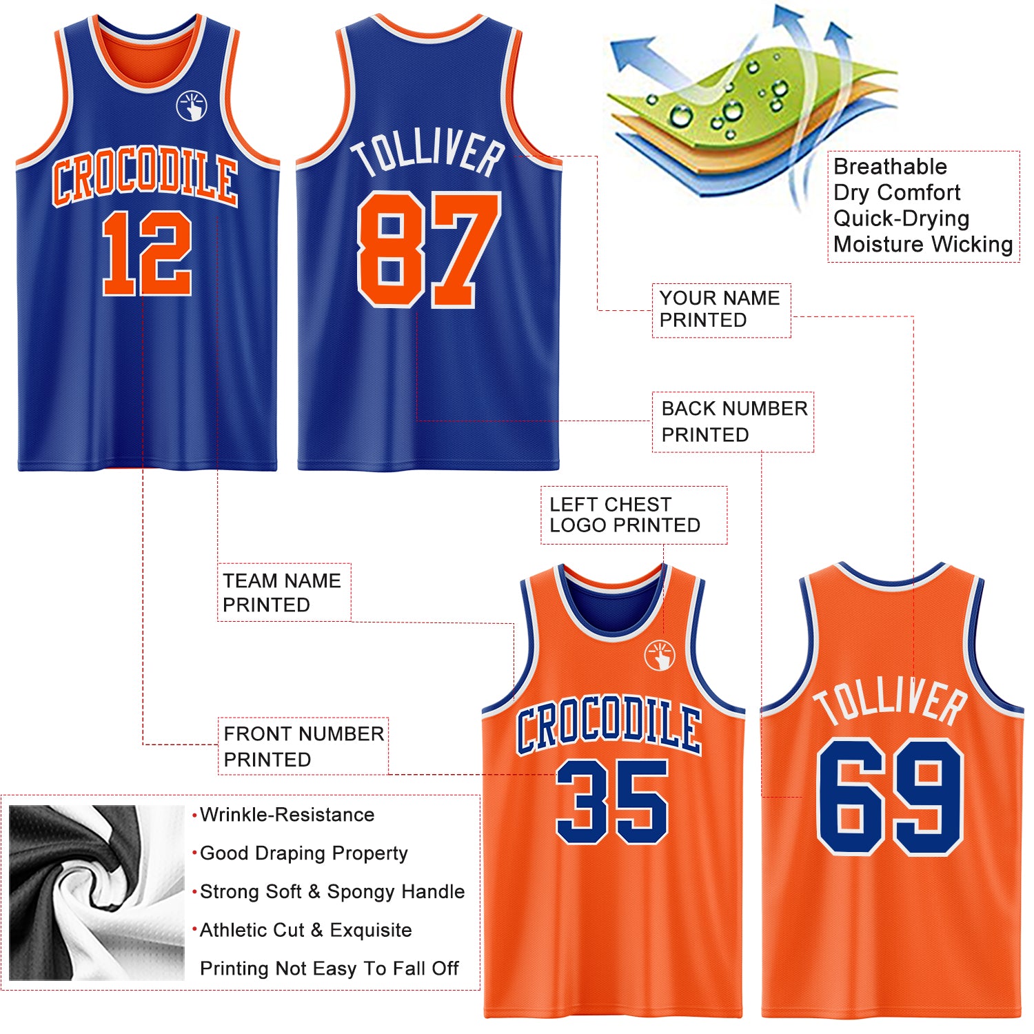Custom Royal Orange-White Reversible Double Side Sublimation Basketball Suit Jersey