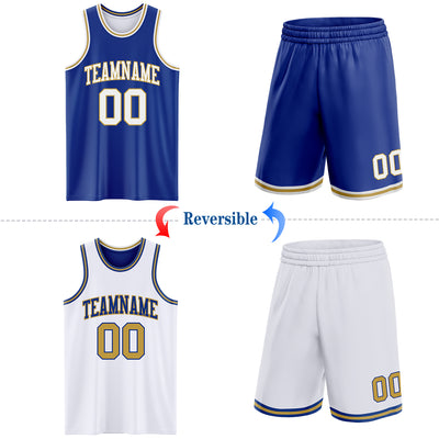 Custom Royal White-Old Gold Reversible Double Side Sublimation Basketball Suit Jersey