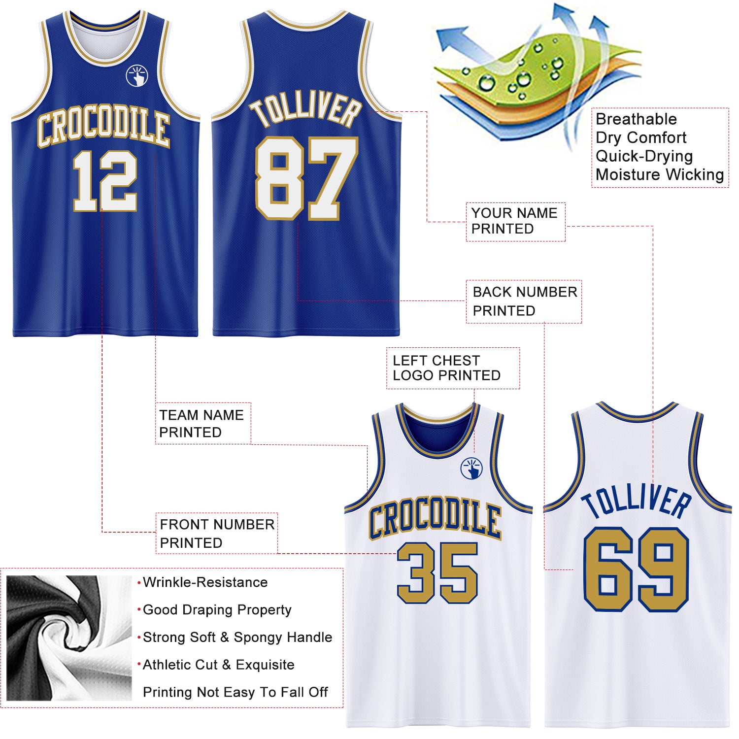 Custom Royal White-Old Gold Reversible Double Side Sublimation Basketball Suit Jersey