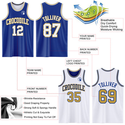 Custom Royal White-Old Gold Reversible Double Side Sublimation Basketball Suit Jersey