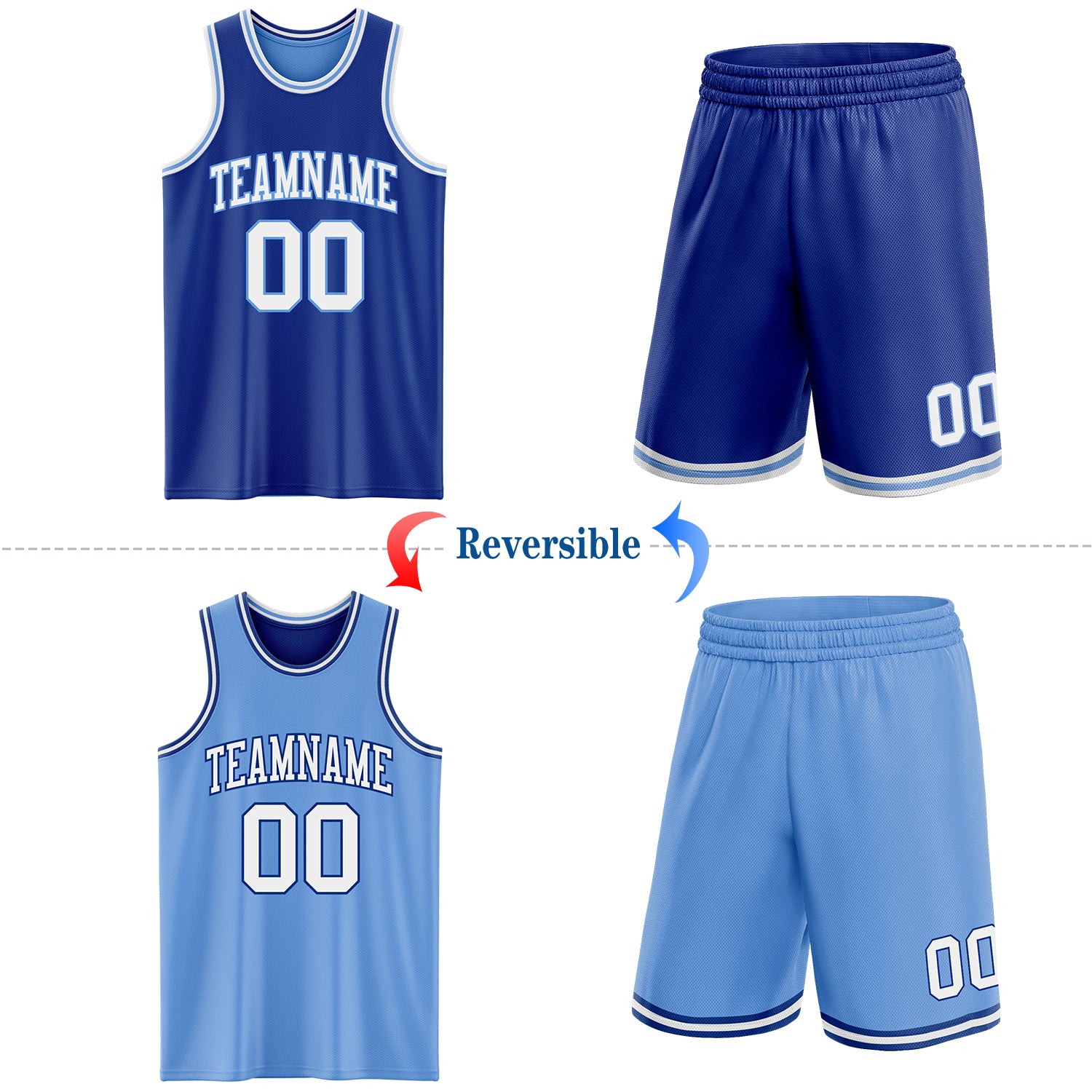 Custom Royal White-Light Blue Reversible Double Side Sublimation Basketball Suit Jersey