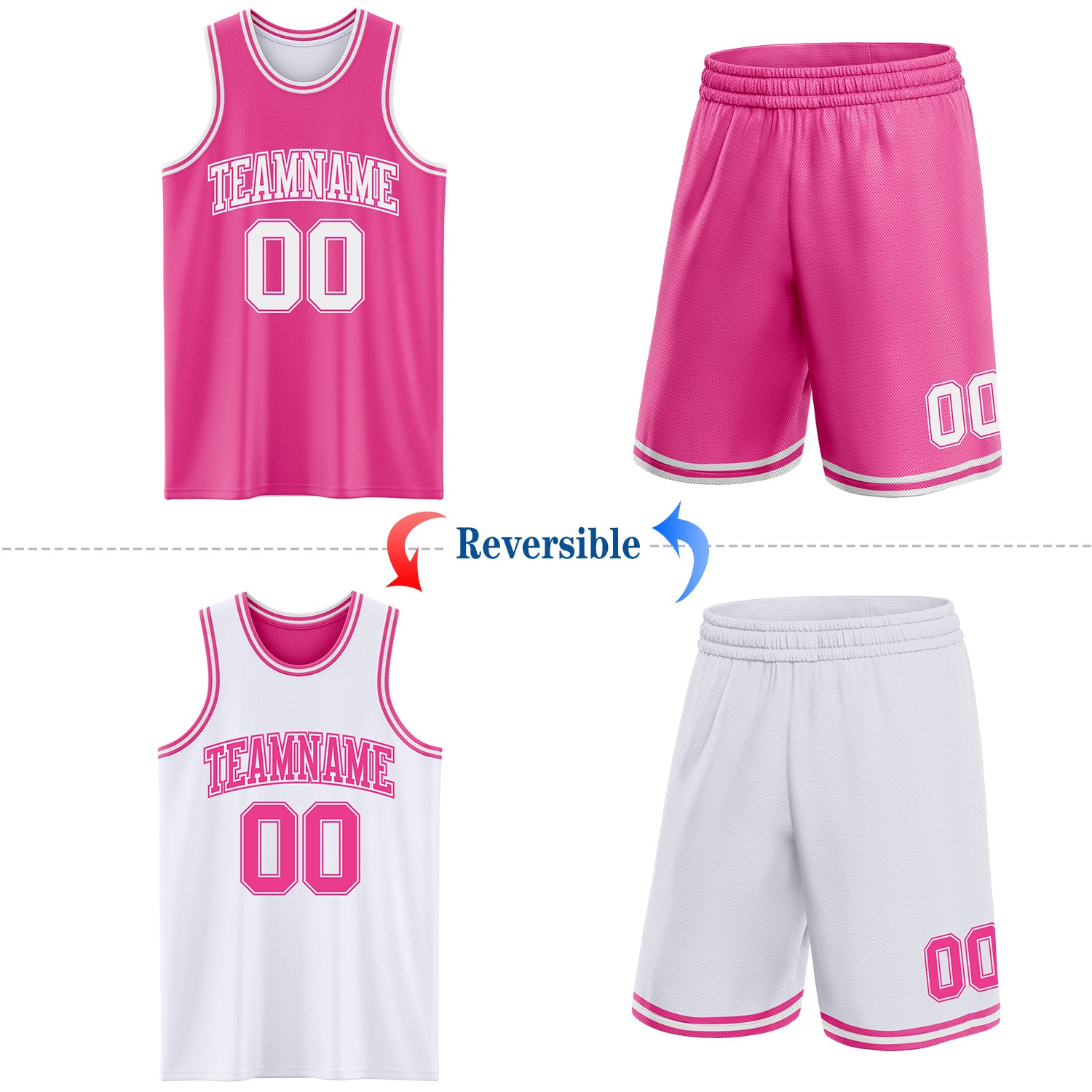 Custom Pink White Reversible Double Side Sublimation Basketball Suit Jersey