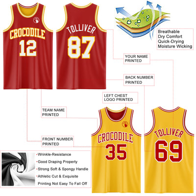 Custom Red White-Gold Reversible Double Side Sublimation Basketball Suit Jersey