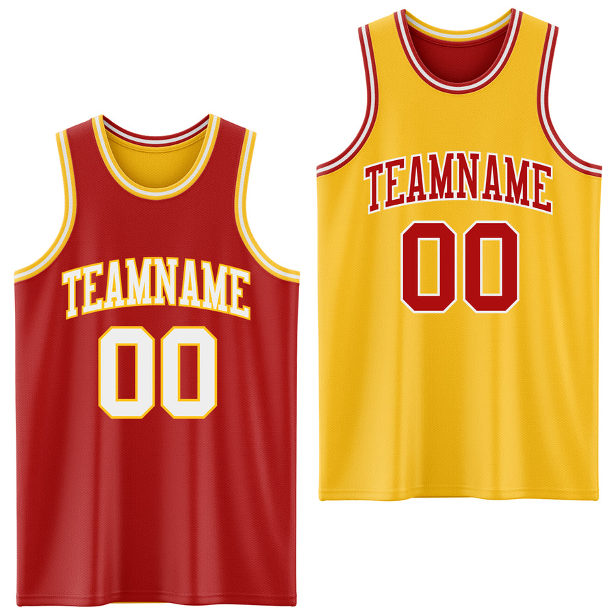 Custom Red White-Gold Reversible Double Side Sublimation Basketball Suit Jersey