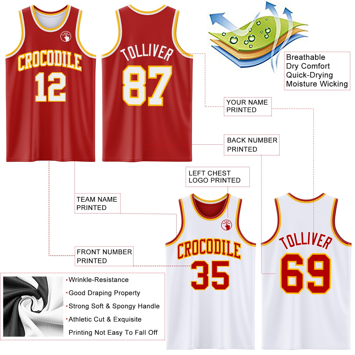 Custom Red White-Gold Reversible Double Side Sublimation Basketball Suit Jersey