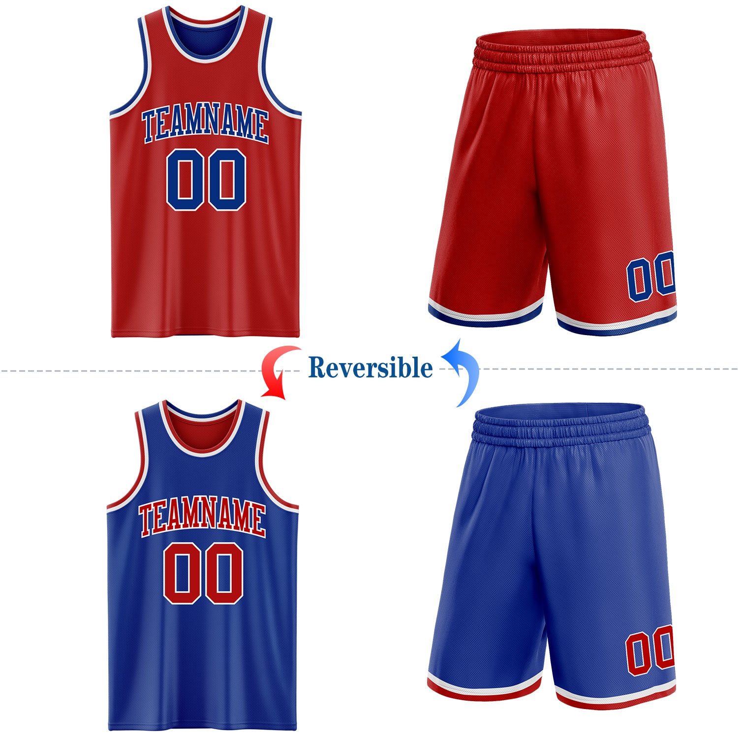 Custom Red Royal-White Reversible Double Side Sublimation Basketball Suit Jersey