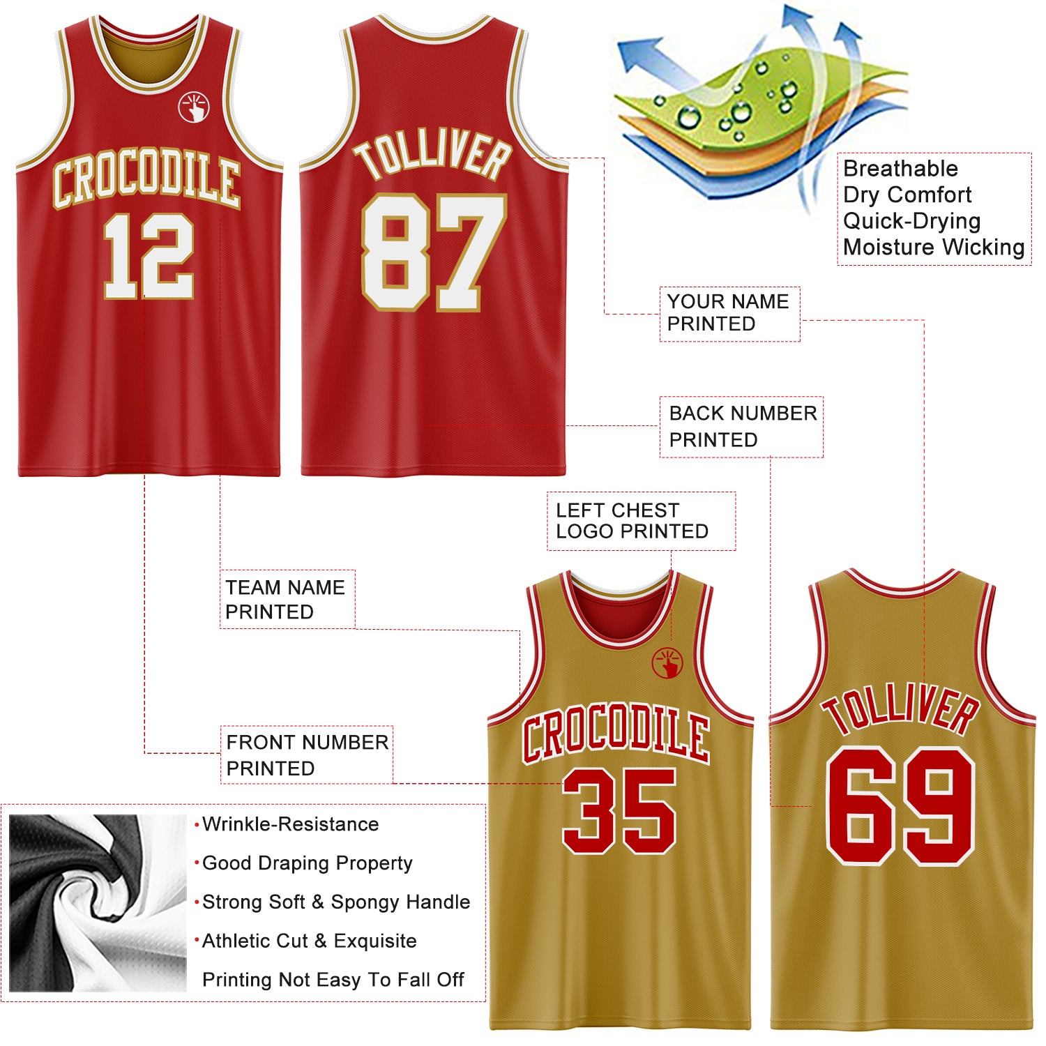 Custom Red White-Old Gold Reversible Double Side Sublimation Basketball Suit Jersey