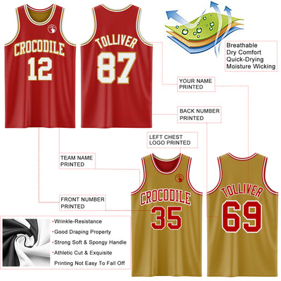 Custom Red White-Old Gold Reversible Double Side Sublimation Basketball Suit Jersey
