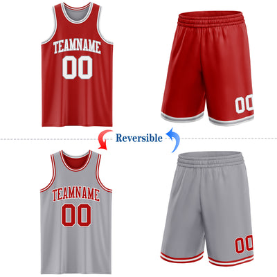 Custom Red White-Gray Reversible Double Side Sublimation Basketball Suit Jersey