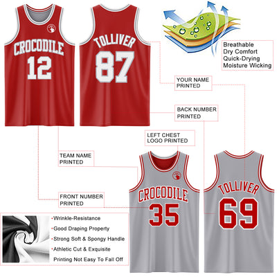 Custom Red White-Gray Reversible Double Side Sublimation Basketball Suit Jersey