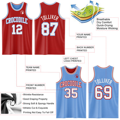 Custom Red White-Light Blue Reversible Double Side Sublimation Basketball Suit Jersey