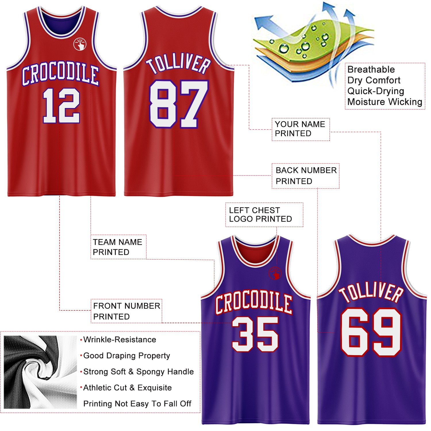 Custom Red White-Purple Reversible Double Side Sublimation Basketball Suit Jersey