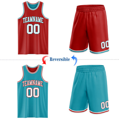 Custom Red White-Teal Reversible Double Side Sublimation Basketball Suit Jersey