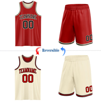 Custom Red Black-Cream Reversible Double Side Sublimation Basketball Suit Jersey