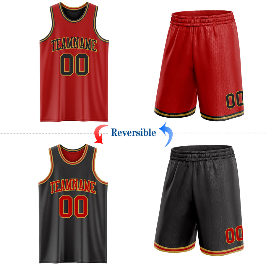 Custom Red Black-Old Gold Reversible Double Side Sublimation Basketball Suit Jersey