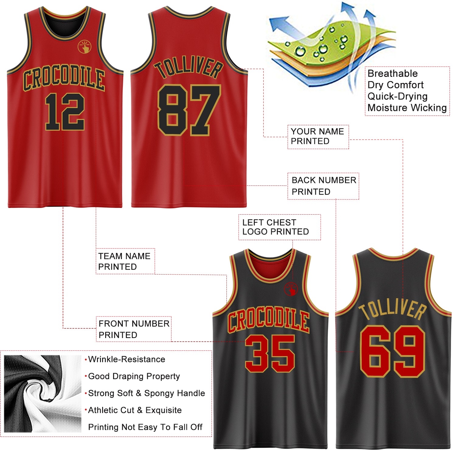 Custom Red Black-Old Gold Reversible Double Side Sublimation Basketball Suit Jersey