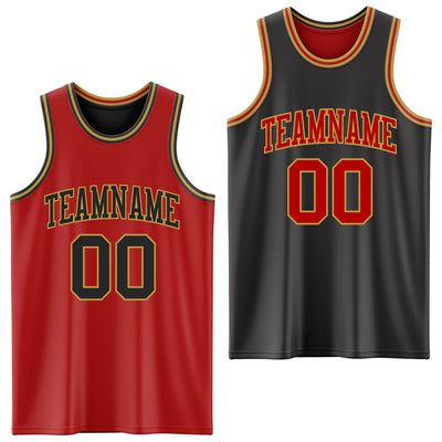 Custom Red Black-Old Gold Reversible Double Side Sublimation Basketball Suit Jersey