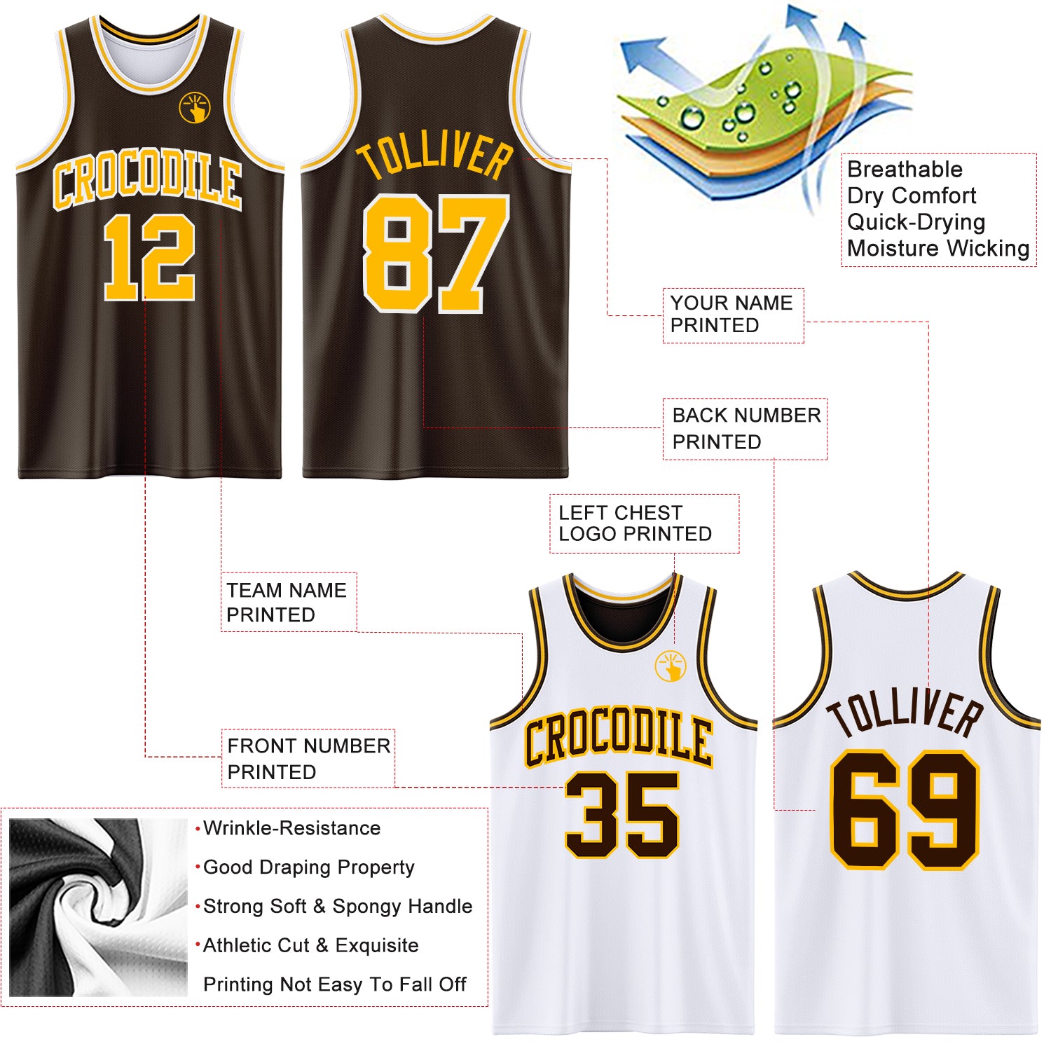 Custom Brown Gold-White Reversible Double Side Sublimation Basketball Suit Jersey