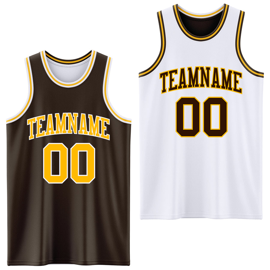 Custom Brown Gold-White Reversible Double Side Sublimation Basketball Suit Jersey