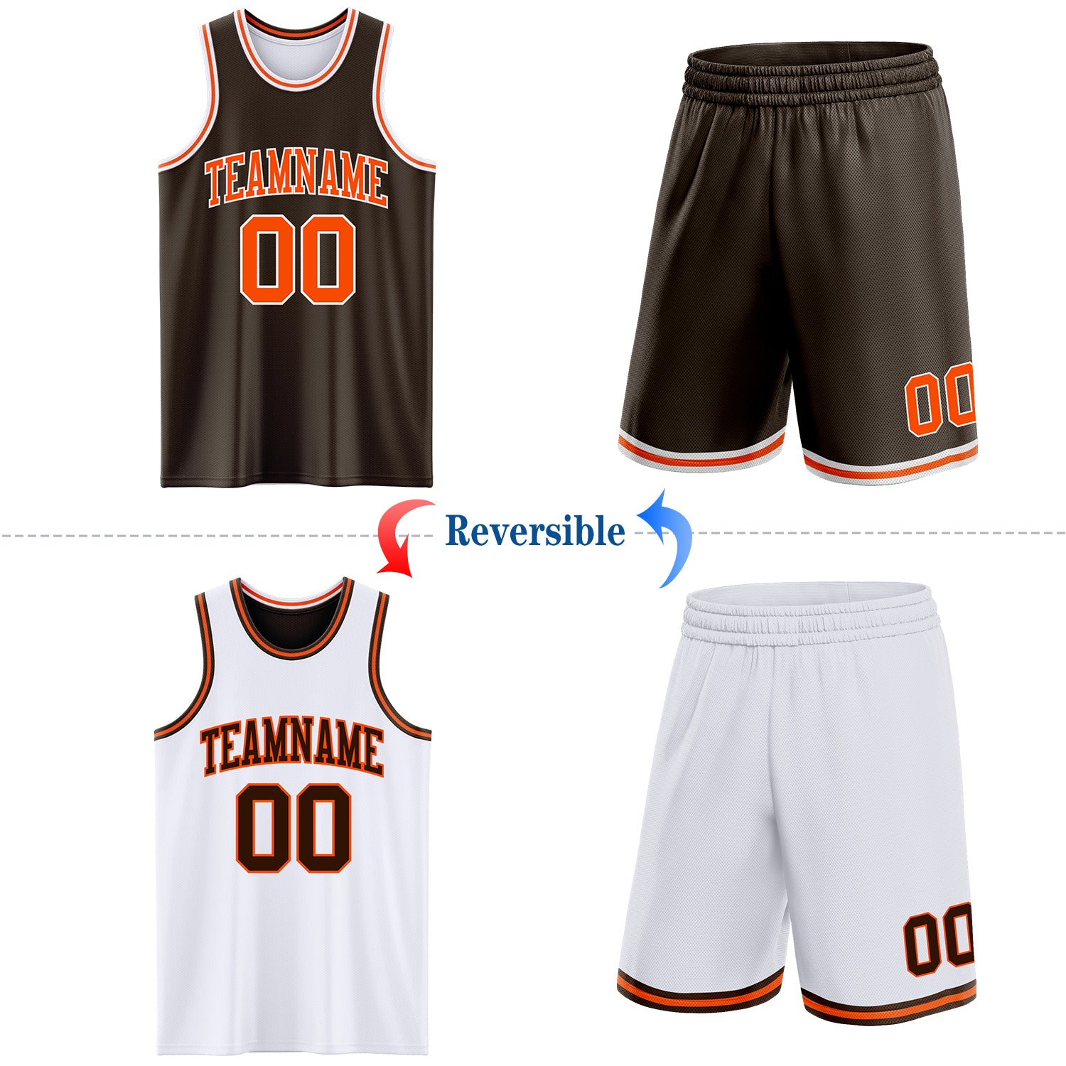 Custom Brown Orange-White Reversible Double Side Sublimation Basketball Suit Jersey