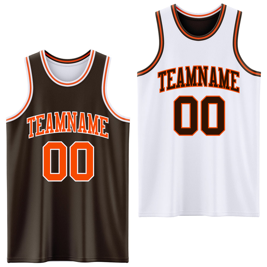 Custom Brown Orange-White Reversible Double Side Sublimation Basketball Suit Jersey