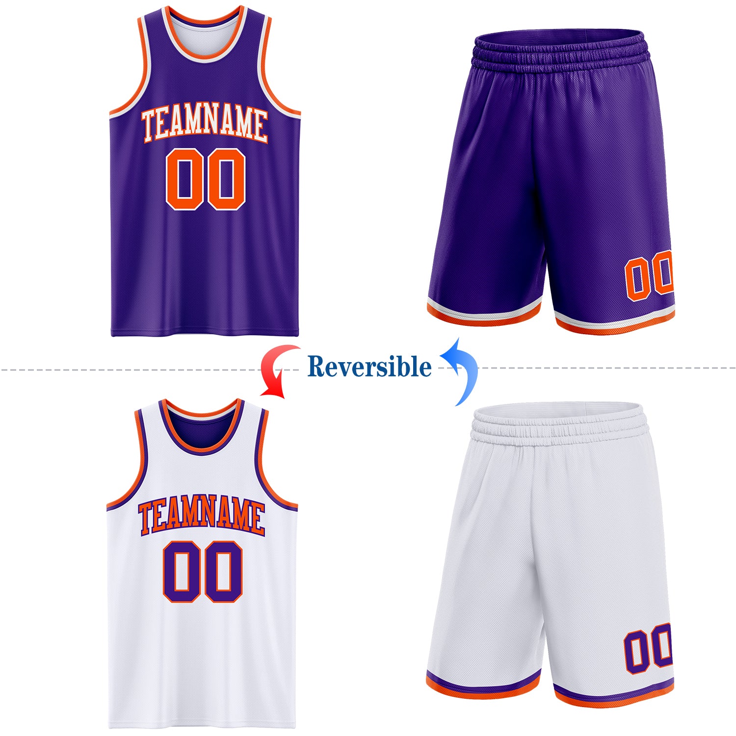 Custom Purple Orange-White Reversible Double Side Sublimation Basketball Suit Jersey