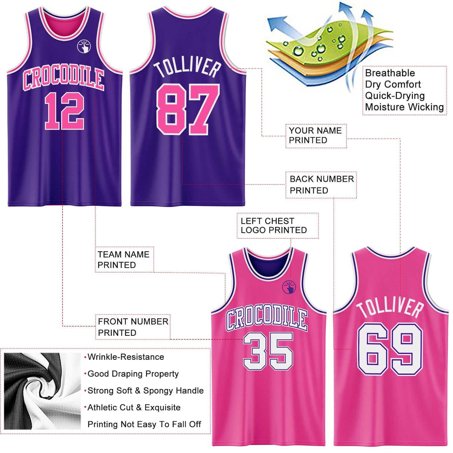 Custom Purple Pink-White Reversible Double Side Sublimation Basketball Suit Jersey