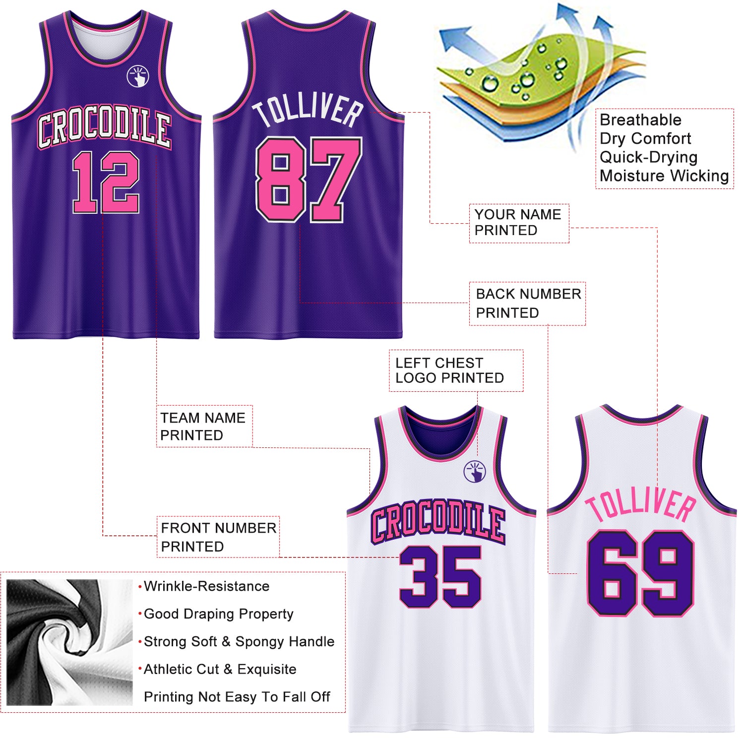 Custom Purple Pink Black-White Reversible Double Side Sublimation Basketball Suit Jersey