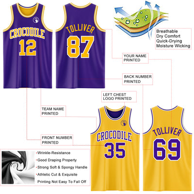 Custom Purple Gold-White Reversible Double Side Sublimation Basketball Suit Jersey