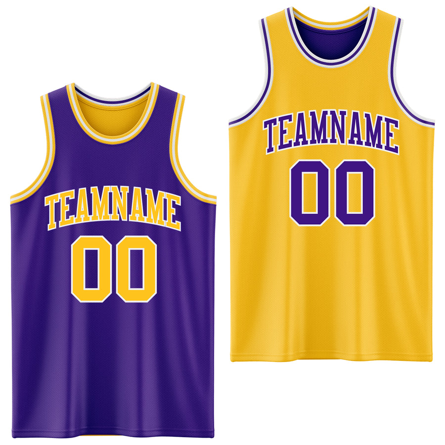 Custom Purple Gold-White Reversible Double Side Sublimation Basketball Suit Jersey