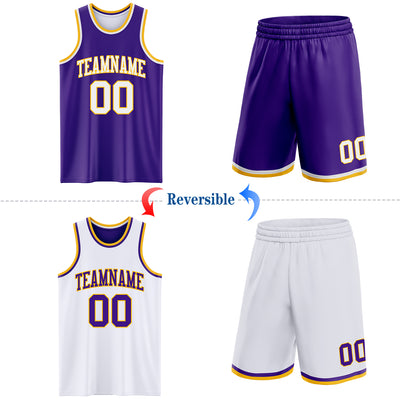 Custom Purple White-Gold Reversible Double Side Sublimation Basketball Suit Jersey