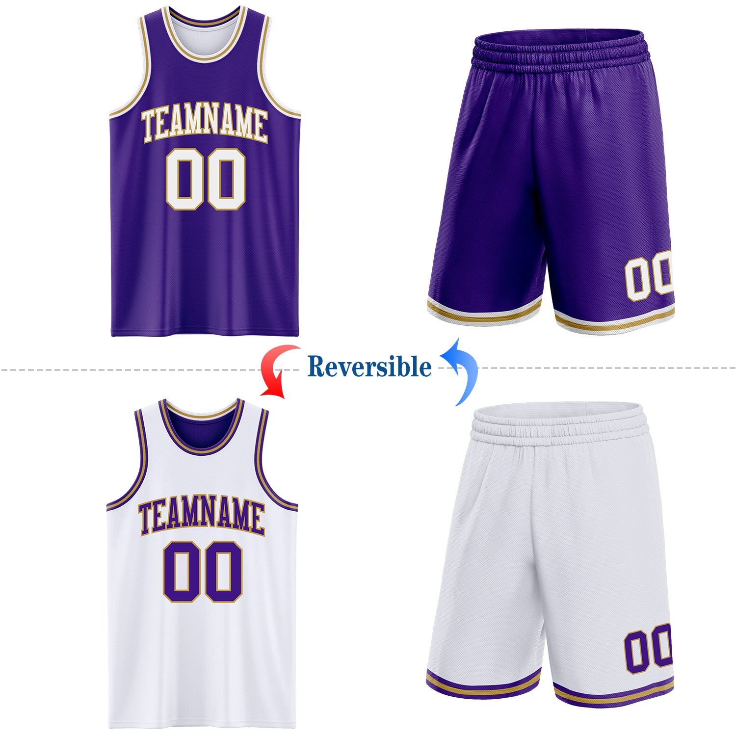 Custom Purple White-Old Gold Reversible Double Side Sublimation Basketball Suit Jersey