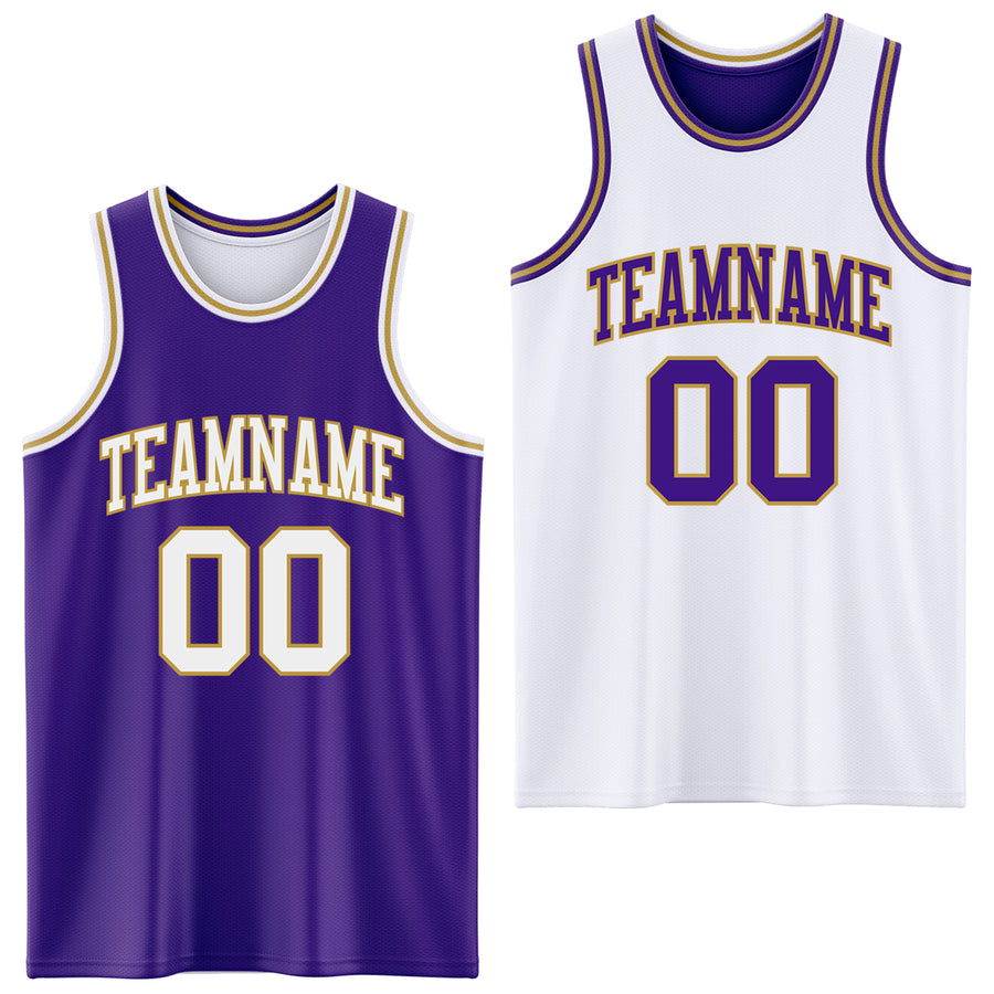 Custom Purple White-Old Gold Reversible Double Side Sublimation Basketball Suit Jersey