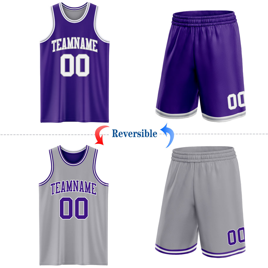 Custom Purple White-Gray Reversible Double Side Sublimation Basketball Suit Jersey