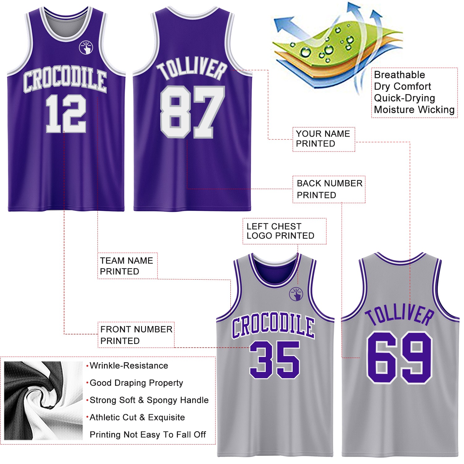 Custom Purple White-Gray Reversible Double Side Sublimation Basketball Suit Jersey