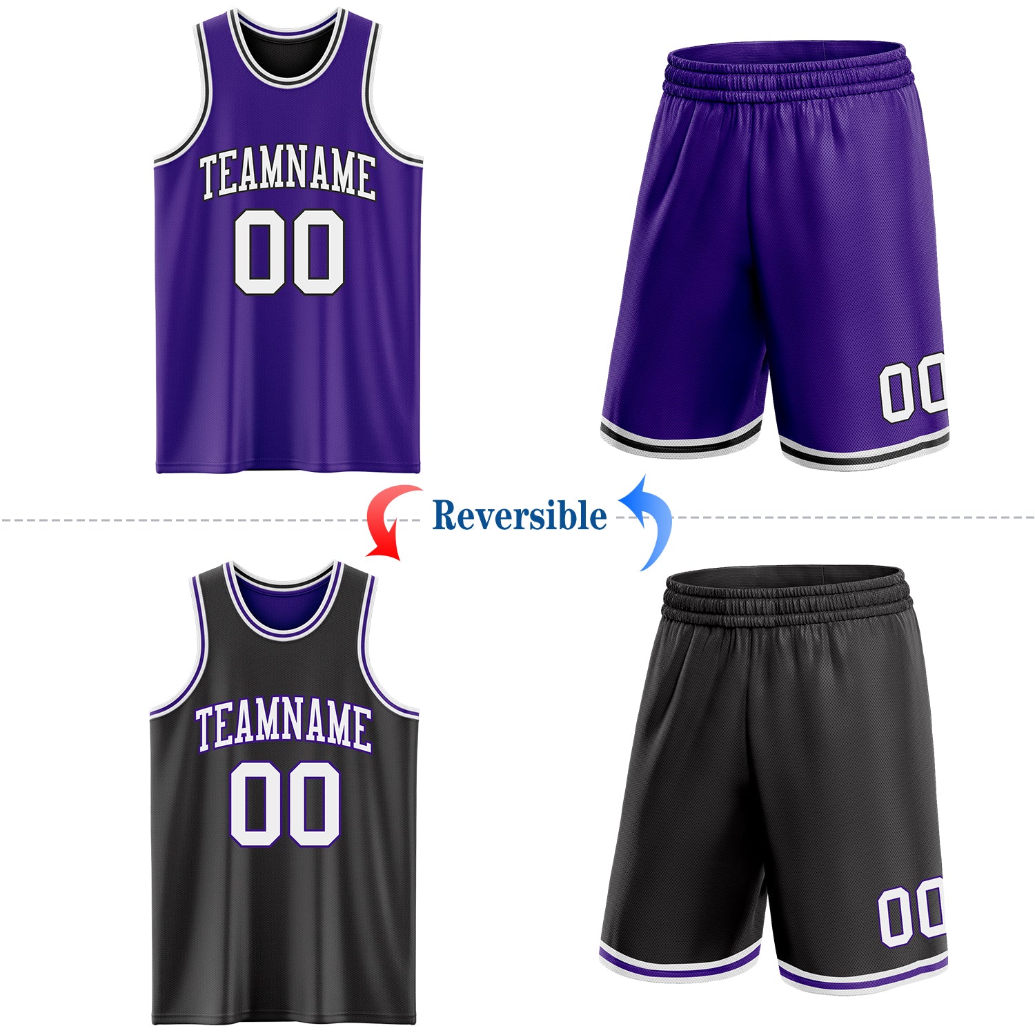 Custom Purple White-Black Reversible Double Side Sublimation Basketball Suit Jersey