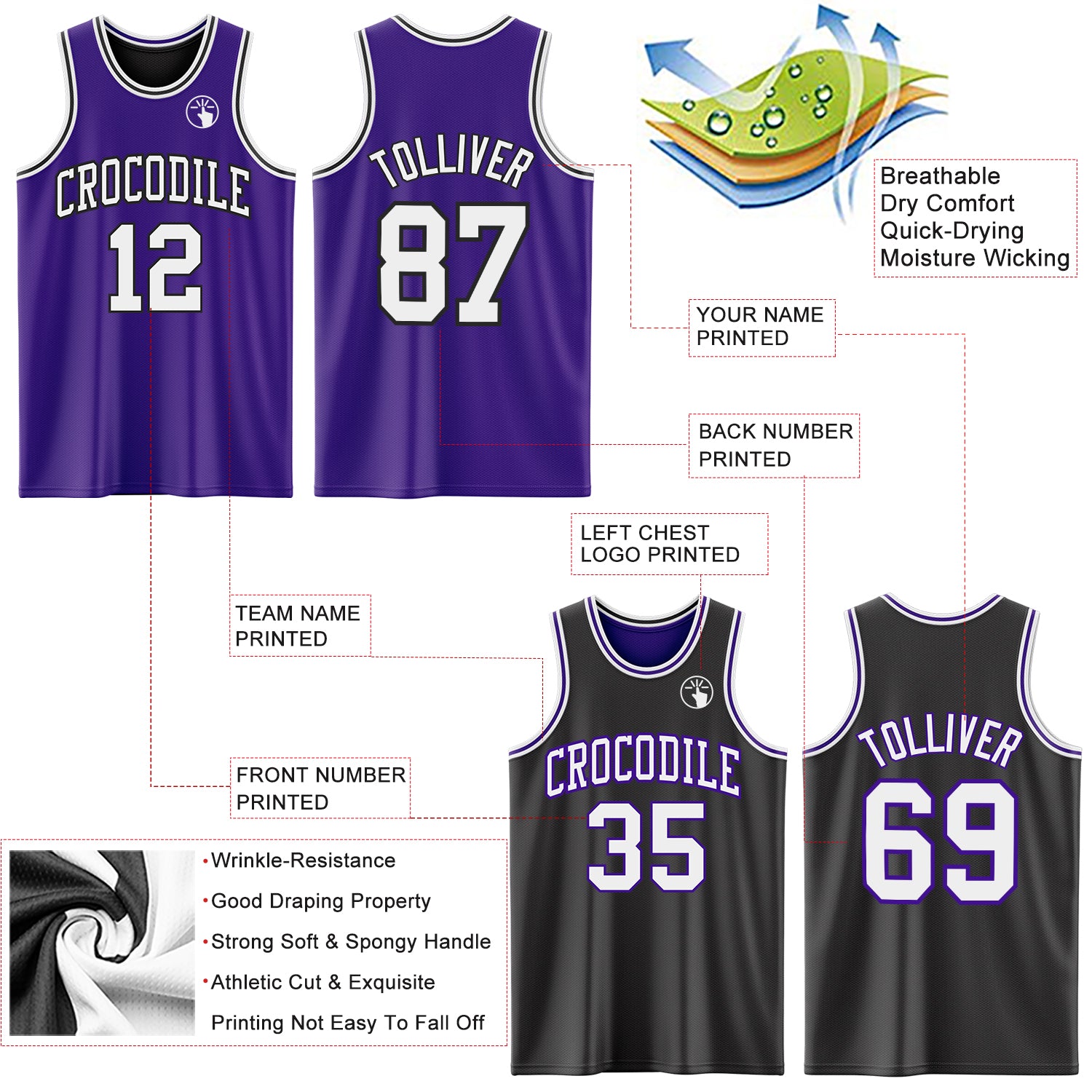 Custom Purple White-Black Reversible Double Side Sublimation Basketball Suit Jersey