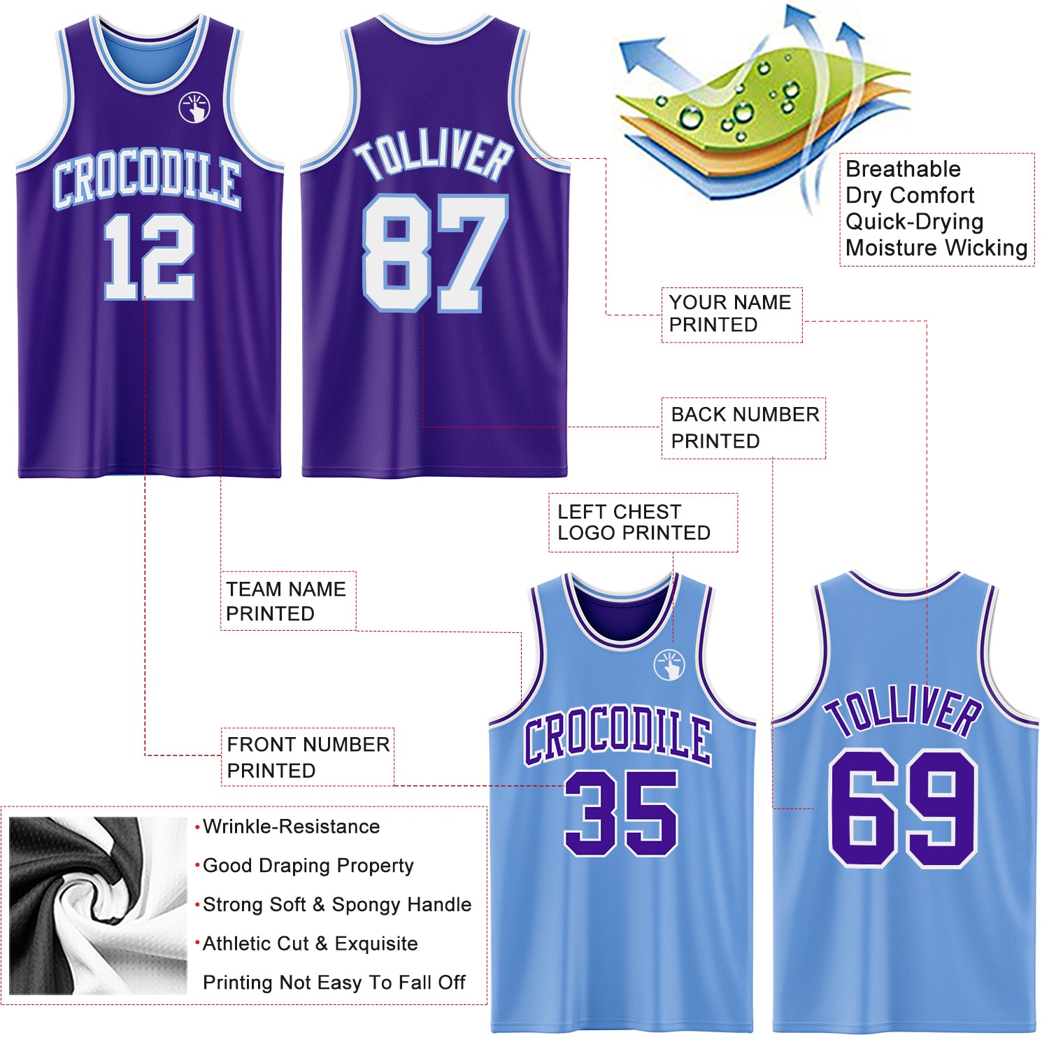 Custom Purple White-Light Blue Reversible Double Side Sublimation Basketball Suit Jersey