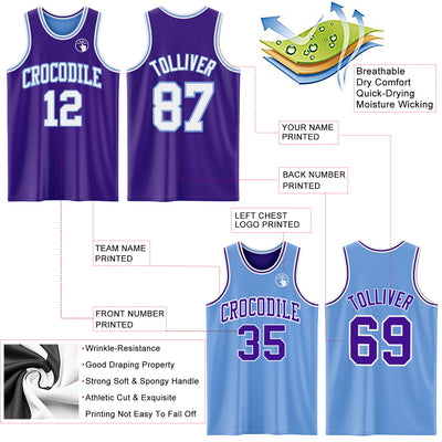 Custom Purple White-Light Blue Reversible Double Side Sublimation Basketball Suit Jersey