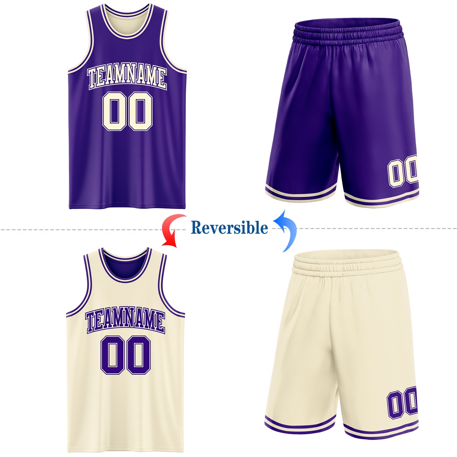 Custom Reversible Purple Cream Double Side Sublimation Basketball Suit Jersey