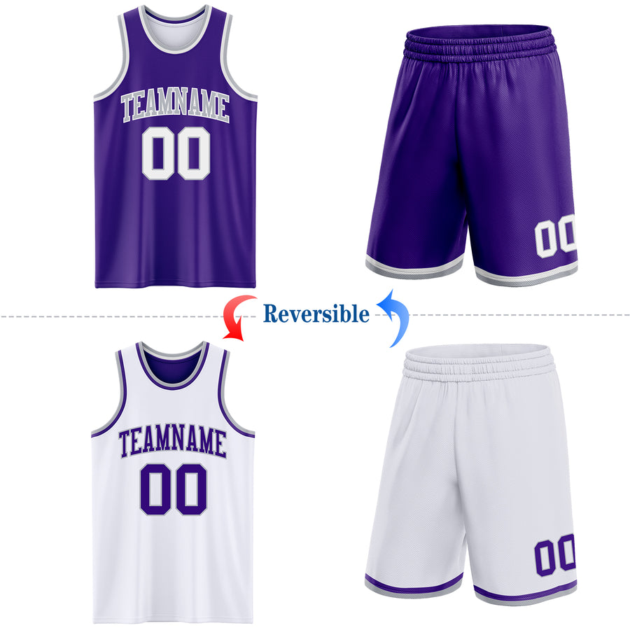 Custom Reversible Purple White-Gray Double Side Sublimation Basketball Suit Jersey