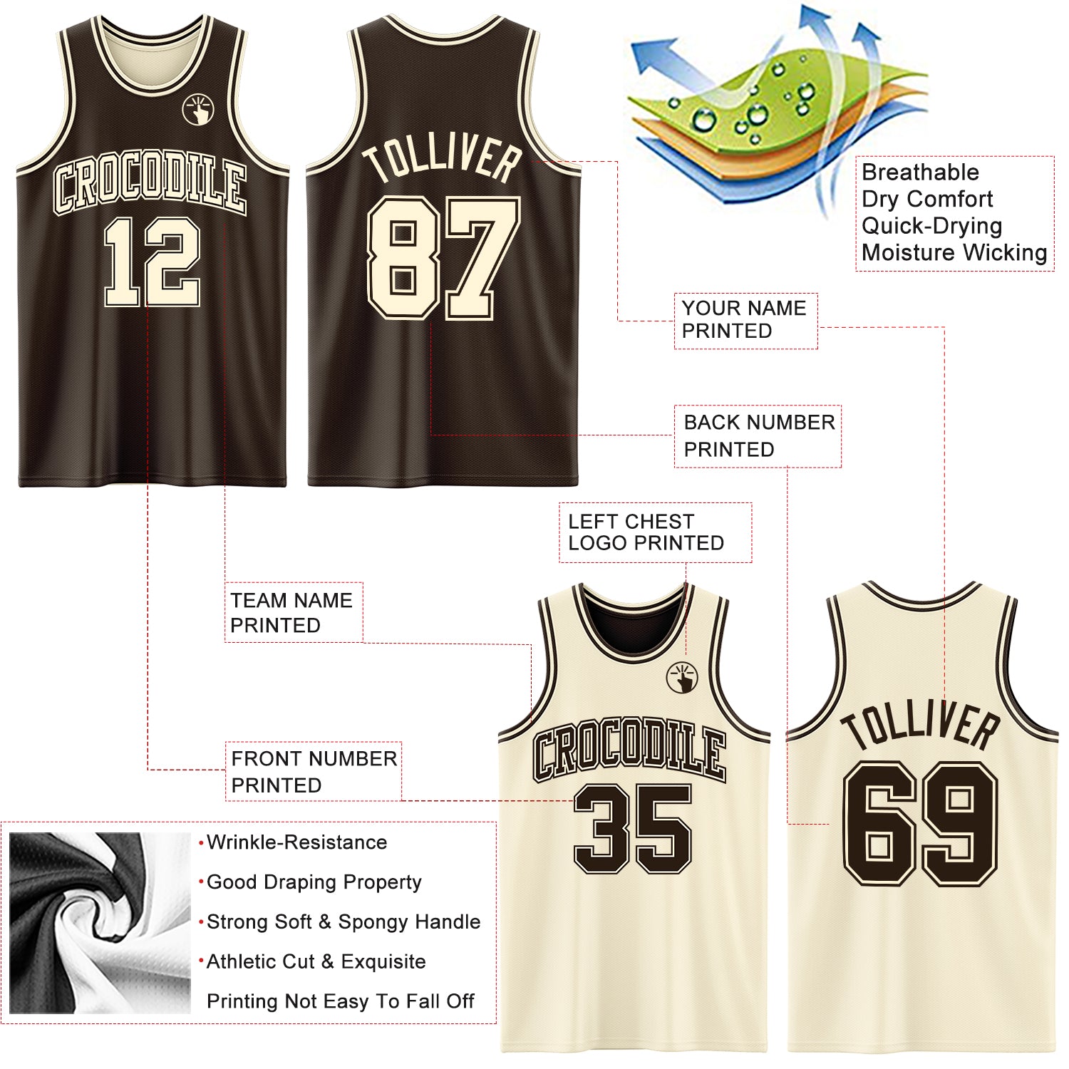 Custom Reversible Brown Cream Double Side Sublimation Basketball Suit Jersey