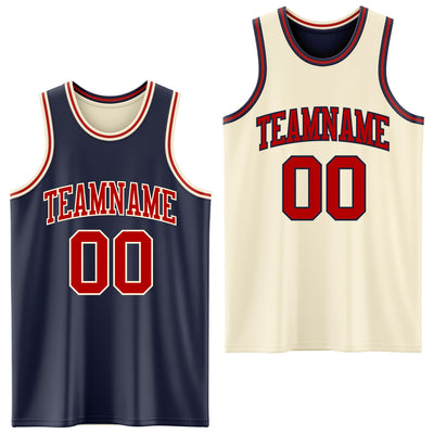 Custom Reversible Navy Red-Cream Double Side Sublimation Basketball Suit Jersey