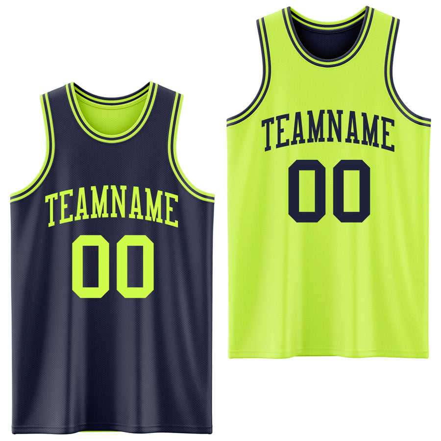 Custom Reversible Navy Neon Green Double Side Sublimation Basketball Suit Jersey