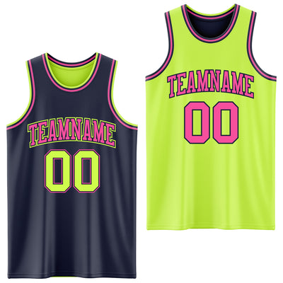 Custom Reversible Navy Neon Green-Pink Double Side Sublimation Basketball Suit Jersey