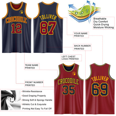 Custom Reversible Navy Maroon-Gold Double Side Sublimation Basketball Suit Jersey